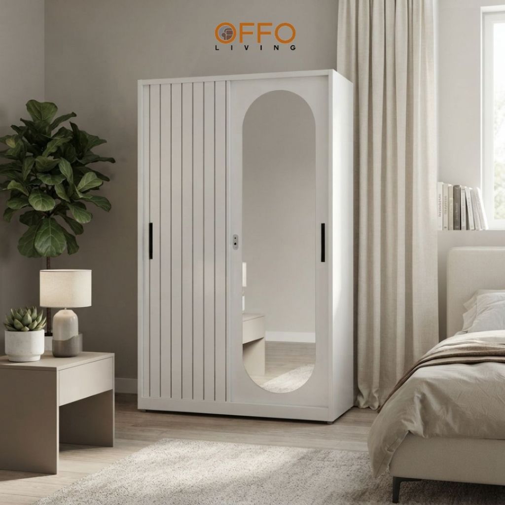 Lemari Pakaian Besi Sliding 120 - 2 Pintu Motif Garis Cermin Oval